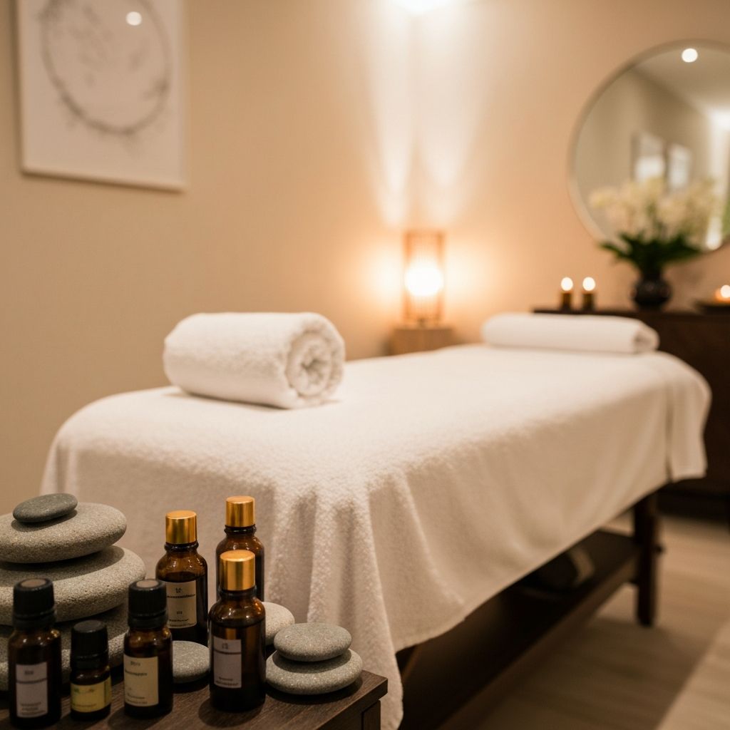 Massage therapy table with white linens and warm lighting